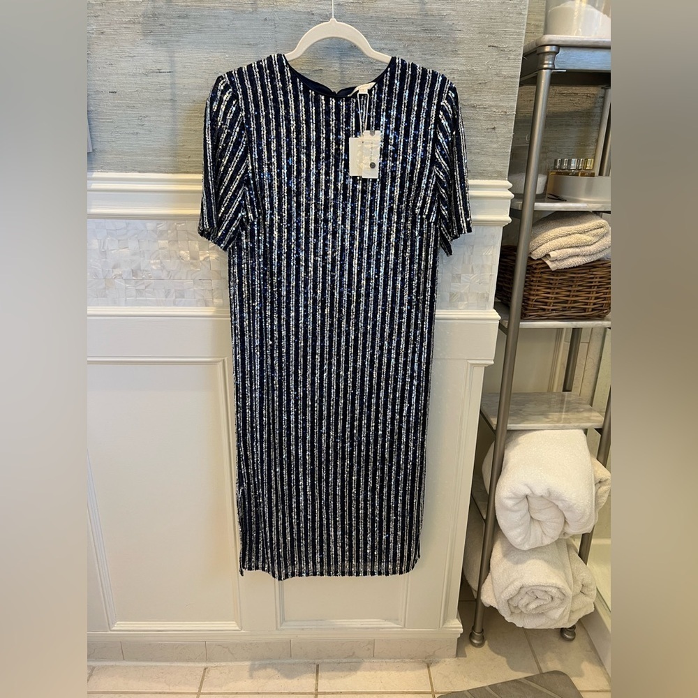 NWT new small Anthropologie flat white short sleeve sequin stripe midi dress - Picture 11 of 17